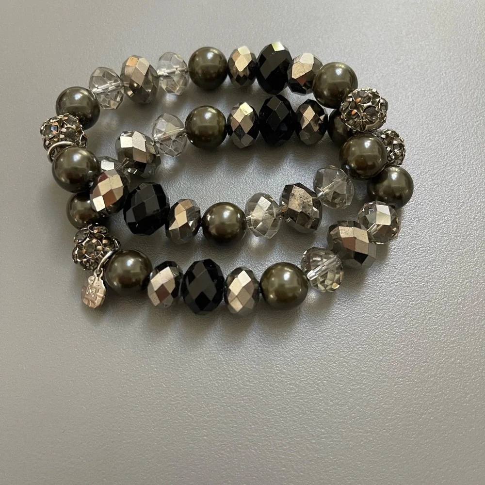 2 Beaded Stacking Bracelets with Black, Silver, Hematite, Rhinestone